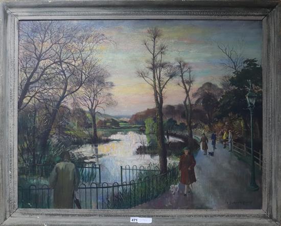 Robert Dumont Smith, oil on board, Figures beside a pond, signed, 70 x 90cm